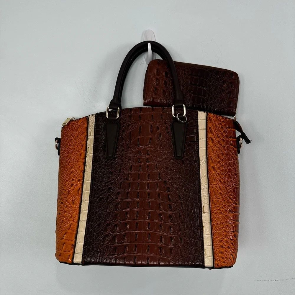 Unbranded Brown, Tan, Rust Colored Croc Embossed Faux Leather Tote & Wallet Set